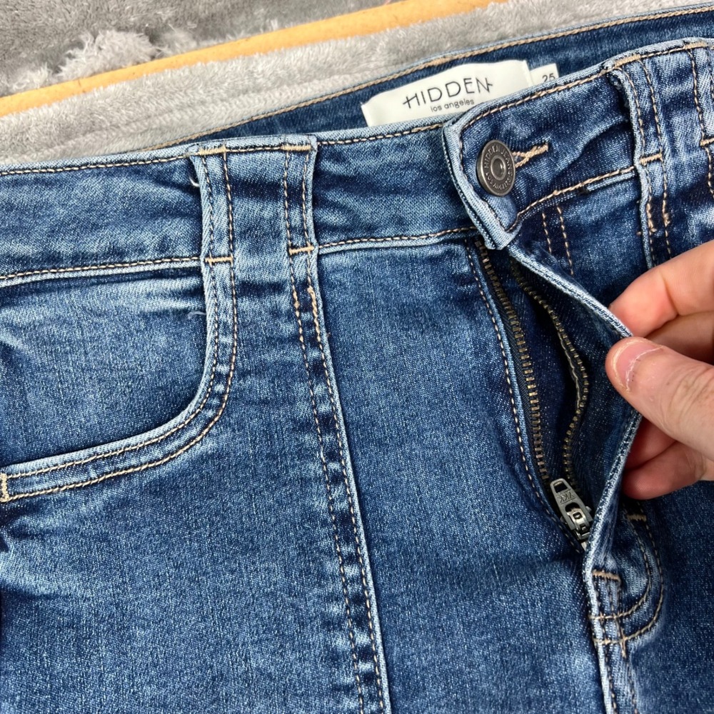 Hidden Jeans Flare Jeans Womens 25 Blue Solid Stretch Raw Hem Patch Pockets - Picture 5 of 14